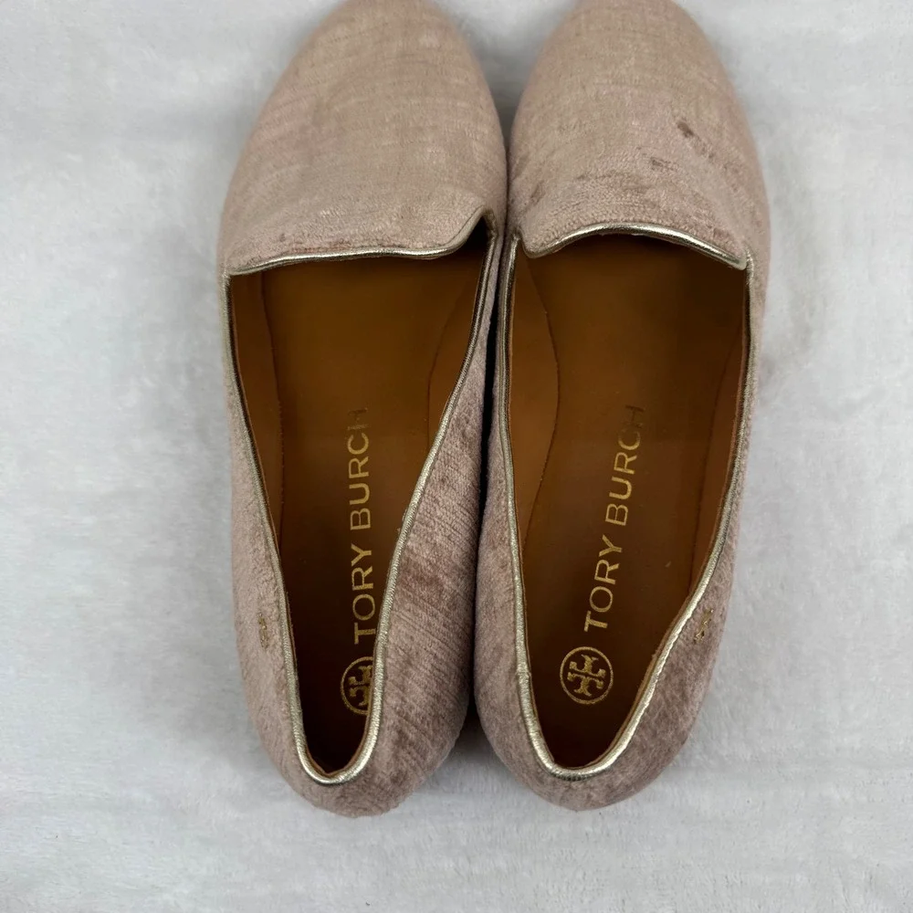 Tory Burch Dusty Rose Velvet Ribbed Smoking Slipper Loafers‎ Gold Trim Flats 9.5